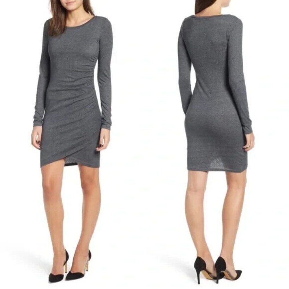 NWT $59 Leith Gray ruched side long sleeve bodycon pullover jersey dress sz S